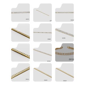 Pode incluir: Uma coleção de pulseiras de tênis de diamantes em vários designs. As pulseiras são exibidas em um fundo branco. Cada pulseira apresenta um arranjo diferente de diamantes e metal. Códigos de produto estão incluídos.