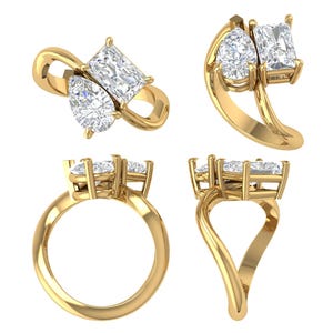 May include: Four views of a gold ring with two clear gemstones. One is pear-shaped, the other rectangular. The ring has a flowing design, highlighting the gemstones. The ring's design is modern and elegant.