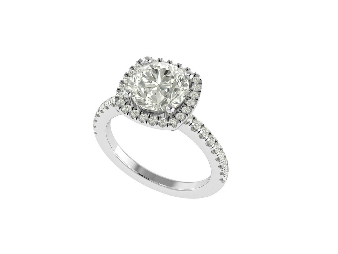 Round Diamond Halo Engagement Ring CAD | Luxury Cushion Halo Pave Ring ...