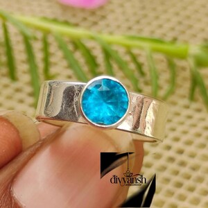Blue Topaz 925 Sterling Silver Ring, Round Faceted Gemstone Ring, Handmade 925 Silver Band, December Birthstone Ring, Gift for Her DJS15