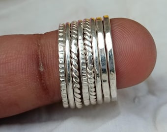 Sterling Silver Stacking Ring Set | 7 Piece Textured Bands, Boho Jewelry