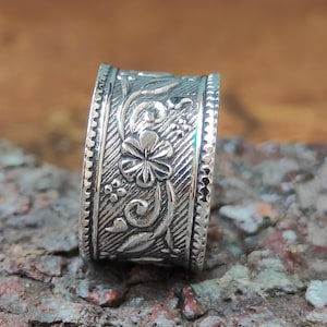 925 Silver Flower Band Ring, Wide Floral Engraved Ring, Boho Silver Ring, Vintage Style Band, Handmade Silver Ring for Women & Men DJS45