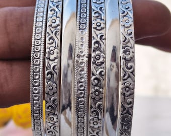 Handgefertigtes oxidiertes Silber Armreif-Set | Florales Boho Armband mit Gravur