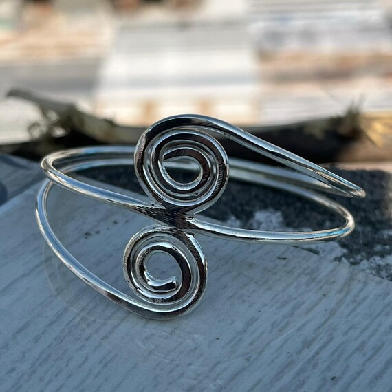 Handmade Sterling Silver Double Spiral Bangle, Boho Cuff Bracelet