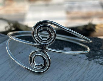 Handmade Sterling Silver Double Spiral Bangle, Boho Cuff Bracelet