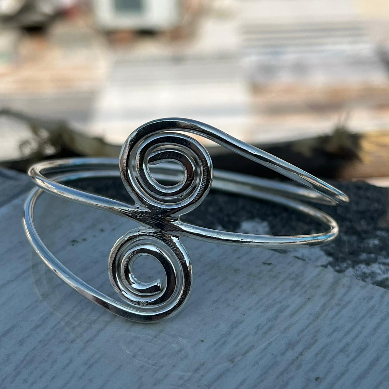 Handmade Sterling Silver Double Spiral Bangle, Boho Cuff Bracelet