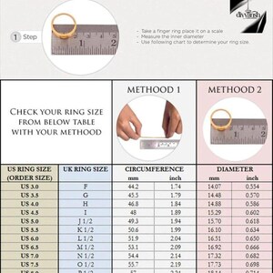 Puede incluir: Diagrama que muestra dos m&eacute;todos para medir el tama&ntilde;o del anillo. El m&eacute;todo 1 utiliza papel o hilo, el m&eacute;todo 2 un anillo y una regla. Una tabla proporciona tallas de anillos estadounidenses con tallas del Reino Unido, circunferencias en mm y pulgadas, y di&aacute;metros en mm y pulgadas.