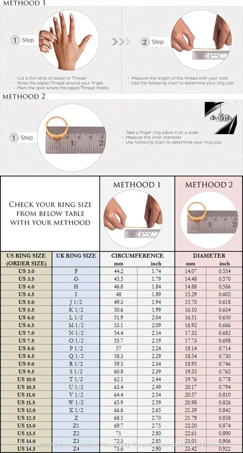 Puede incluir: Diagrama que muestra dos m&eacute;todos para medir el tama&ntilde;o del anillo. El m&eacute;todo 1 utiliza papel o hilo, el m&eacute;todo 2 un anillo y una regla. Una tabla proporciona tallas de anillos estadounidenses con tallas del Reino Unido, circunferencias en mm y pulgadas, y di&aacute;metros en mm y pulgadas.