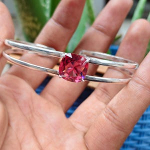 Handmade Sterling Silver Ruby Cuff Bracelet, Cushion Cut Gemstone, Minimalist Bangle (July Birthstone)