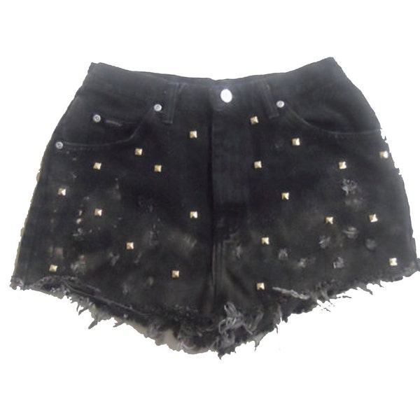 High Waisted  Black Bleached Studded Shorts 30"