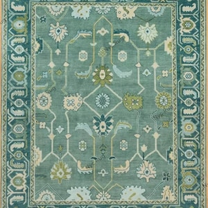 Lvory Green Hand Knotted Large Area Rug| New Zealand Wool Rug | Turkish Oushak Hand Made Rug For Living Room Bedroom Dinning Room 8x10 12x15