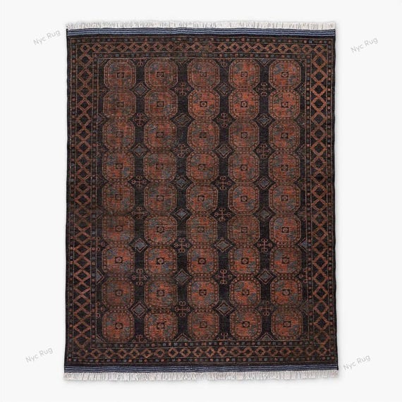 Pascala Hand-Knotted black Wool Area Rug traditional Bokhara pattern and geometric | Turkish Oushak Hand Made rug — 9x12 | Contemporary rug