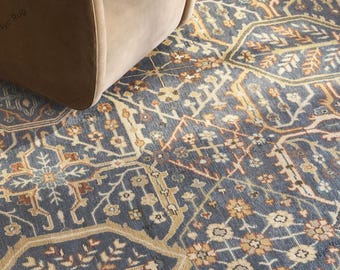 Prezzo Tappeto annodato a mano blu / Tappeto in lana neozelandese / Oushak turco fatto a mano — 6x8 8x10, 9x12, 12x15 / Tappeto contemporaneo turco