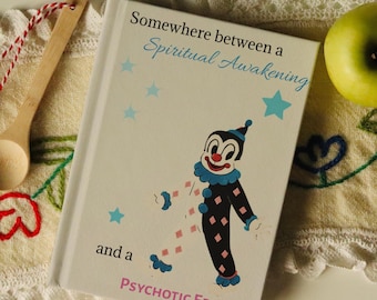 May include: A book cover with the text "Somewhere between a Spiritual Awakening and a Psychotic Episode" and a cartoon jester illustration. The jester is black with pink diamond accents and a blue collar. Light blue stars are scattered around the text.
