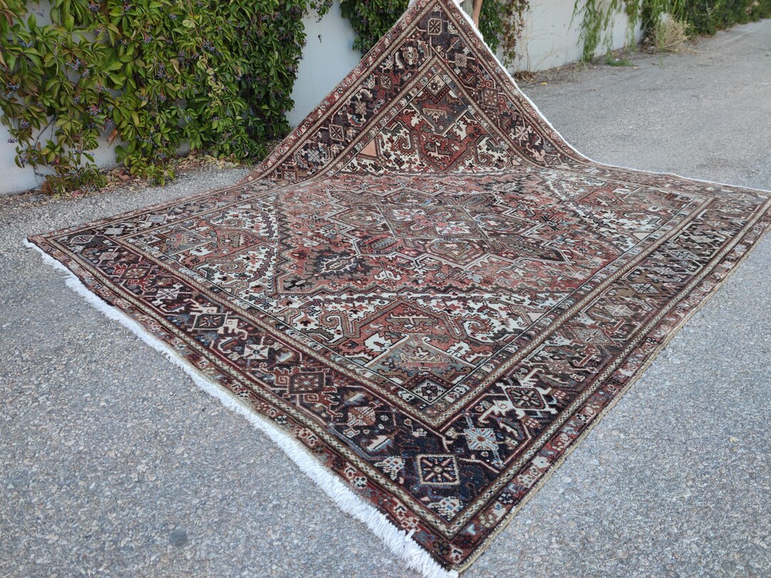 8x9 Rug 8x9 Square Heriz Rug Hand Woven: Red Turkish Persian Brown Bordered - Etsy