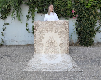 Hand Knotted Wool Oushak Rug, Beige Oriental Area Rug 3.7x6.9 ft
