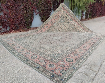 10x13 Turkish Rug: Pink Mint Floral Hand Knotted Vintage Rug