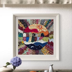 Sun and Moon Fabric Art | Upcycled Textile Collage with Indian Fabric | Abstract Day Night Wall Decor | Handmade, Unframed 12x12 inches