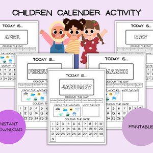 Calendrier quotidien pour enfants et carte météo - Imprimable à téléchargement immédiat