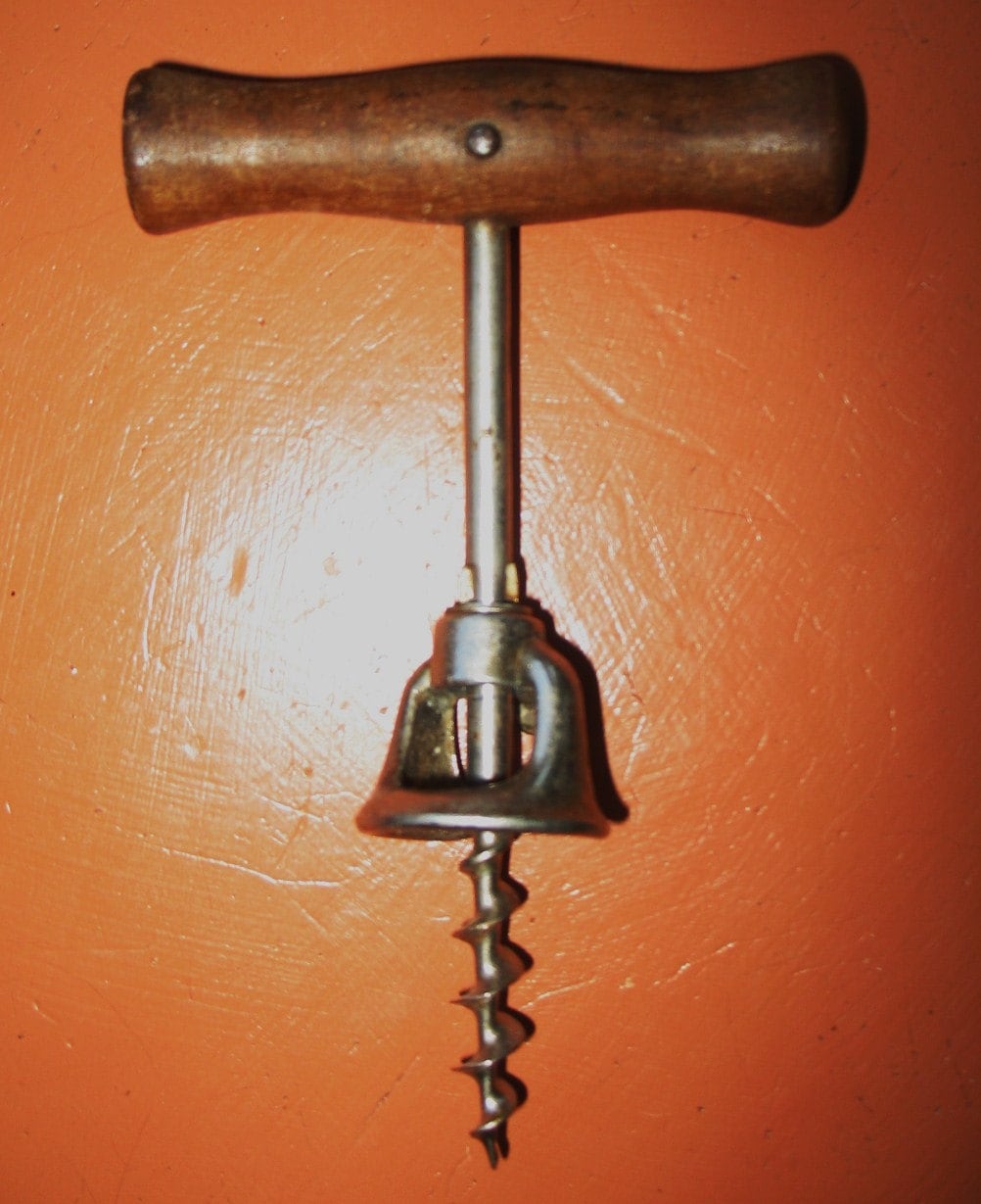 Antique Cork Screw Wine Bottle Opener Wooden Handle Marked Etsy