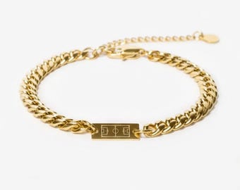Gold Cuban Link Bracelet: Soccer Field Engraved Plate, Sports Jewelry