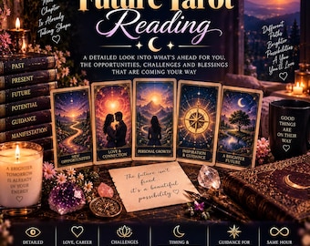 Può includere: Un display di Future Tarot Reading con cinque carte dei tarocchi con paesaggi al tramonto, un biglietto con la scritta The future isn't fixed... it's a beautiful possibility, una candela con il testo A brighter tomorrow is already in your energy e una tazza con Good things are on their way.