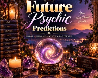 Puede incluir: Una bola de cristal sobre un soporte decorativo con un centro de galaxia púrpura brillante, rodeada de cartas de tarot, cristales de amatista, velas y una pila de libros etiquetados Love, Career, Finances, Travel, Personal Growth, Opportunities, Timing, Spiritual Path.