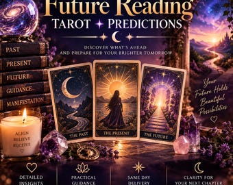 May include: A Future Reading Tarot Predictions display featuring three cards labeled The Past, The Present, and The Future. The image includes a crystal ball, a stack of books, a lit candle with the text Align Believe Receive, and crystals.