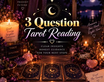 May include: A 3 Question Tarot Reading graphic featuring three dark blue cards with gold moon and star designs, a lit candle with the text Good Energy Brighter Tomorrow, stacked books labeled Tarot, Intuition, Manifest, and the text Trust The Timing.