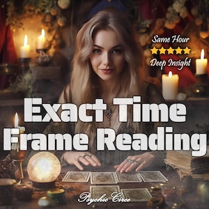 Puede incluir: Imagen de una mujer rubia con cartas del tarot, velas y una bola de cristal. El texto "Exact Time Frame Reading" se muestra, junto con "Same Hour" y "Deep Insight". El nombre "Psychic Circe" también es visible.