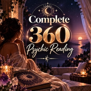 Könnte beinhalten: Eine digitale Grafik mit dem Text Complete 360 Psychic Reading in goldener Schrift. Das Bild zeigt eine Person, die auf einen Sonnenuntergang über einer Küstenlandschaft blickt, sowie ein dunkles Buch mit Mondillustration, Kristalle und eine Kerze.