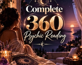 Puede incluir: Un gráfico digital con el texto Complete 360 Psychic Reading en letras doradas. La imagen muestra a una persona mirando una puesta de sol sobre un paisaje costero, junto a un libro oscuro con una ilustración de luna, cristales y una vela.