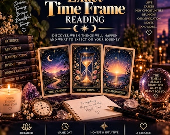 May include: A spiritual reading display featuring three tarot cards labeled The Journey, Divine Timing, and New Beginnings. A stack of books, a lit candle, a pocket watch, a notebook with the text Everything Happens at the Right Time, and a crystal ball with the text The Time Is Always Right For What Is Meant For You are arranged on a dark surface.