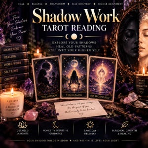 May include: A Shadow Work Tarot Reading display featuring three cards titled The Shadow, The Healing, and The Higher Self. The scene includes stacked books, lit candles with text, crystals, and a mirror. Text overlays include Heal, Release, Transform, Self Discovery, Higher Alignment, and Explore Your Shadows.