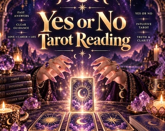 May include: A digital graphic for a Yes or No Tarot Reading featuring gold text, a central tarot card with a crescent moon, surrounding cards, purple crystals, candles, and a stack of books labelled Tarot, Intuition, Manifestation, and Higher Self.