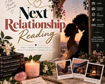 Könnte beinhalten: Eine Werbegrafik für ein Next Relationship Reading mit einem Stapel Bücher mit den Titeln Self Love, Healthy Boundaries, Lasting Connection, Soul Alignment und Happiness, einer Kerze, einem Stift und drei Fotos eines Paares.