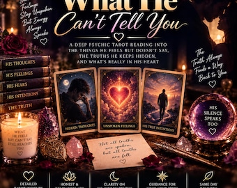 以下が含まれることがあります： What He Can't Tell Youと題されたサイキックタロットリーディングの画像。3枚のタロットカード、テキスト入りのキャンドル、テキスト入りの水晶玉、そしてNot all truths are spoken, but all truths are feltと書かれたメモが配置されています。