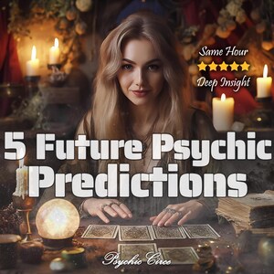Puede incluir: Imagen que promociona lecturas psíquicas. El foco central es una mujer con cabello rubio largo, rodeada de velas y cartas del tarot. El texto en la imagen dice "5 Future Psychic Predictions", "Same Hour" y "Deep Insight". También se ven las palabras "Psychic Circe".