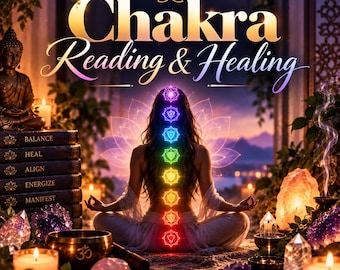 Puede incluir: Un gráfico digital titulado Chakra Reading & Healing que muestra a una persona meditando en posición de loto. Una línea vertical de siete símbolos de chakra brillantes y coloridos se alinea con la columna vertebral. La escena incluye una estatua de Buda, libros apilados con las etiquetas Balance, Heal, Align, Energize, Manifest, cristales y velas encendidas.