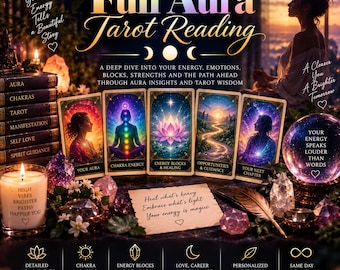 May include: A digital graphic for a Full Aura Tarot Reading featuring five tarot cards with mystical imagery, a stack of books, a lit candle with text, a crystal ball, and a parchment note. The design includes celestial motifs and inspirational text.