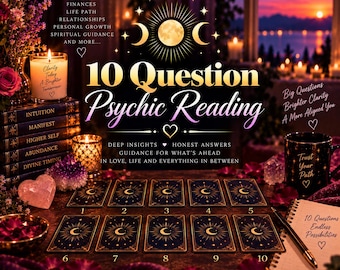 May include: A digital graphic for a 10 Question Psychic Reading featuring ten dark blue tarot cards with gold moon and star designs arranged in two rows. The text includes Love, Career, Finances, Life Path, Relationships, Personal Growth, Spiritual Guidance, and more, with a candle, a stack of books, a mug, and a notebook.