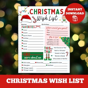 Printable Christmas Wish List PDF 8.5x11 inch holiday activity for kids teens and families
