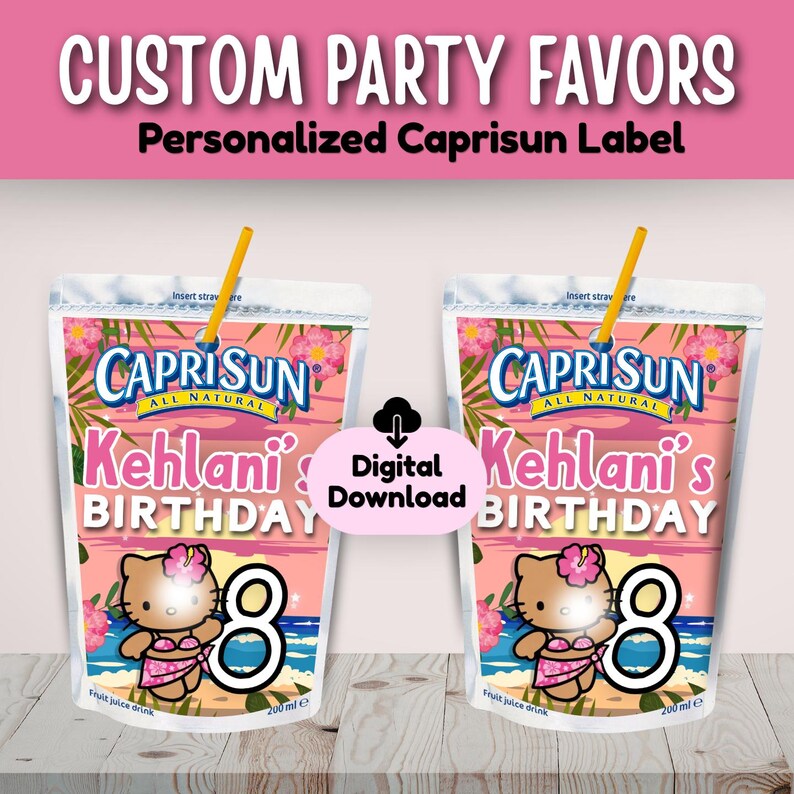 Personalized Kawaii Kitty Tropical Birthday Chip Bag & Capri Sun Label ...