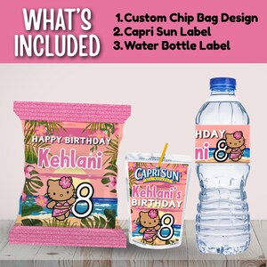 Personalized Kawaii Kitty Tropical Birthday Chip Bag, Capri Sun & Water Bottle Label Bundle | Pink Party Favors | Custom Snack Wrappers | Pr