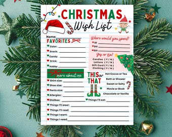 Op de afbeelding: Een afdrukbare kerstwensenlijst op wit papier met een feestelijk ontwerp. De lijst bevat secties voor favorieten, bestedingsvoorkeuren en ja/nee-vragen. Versierd met een kerstmuts, zuurstok en elf.