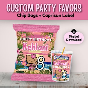 May include: Pink custom party favour chip bag and Capri Sun label. The chip bag and Capri Sun label feature a tropical design with a cartoon character, the name "Kehlani", and the number "8". The text "Happy Birthday" is also visible.