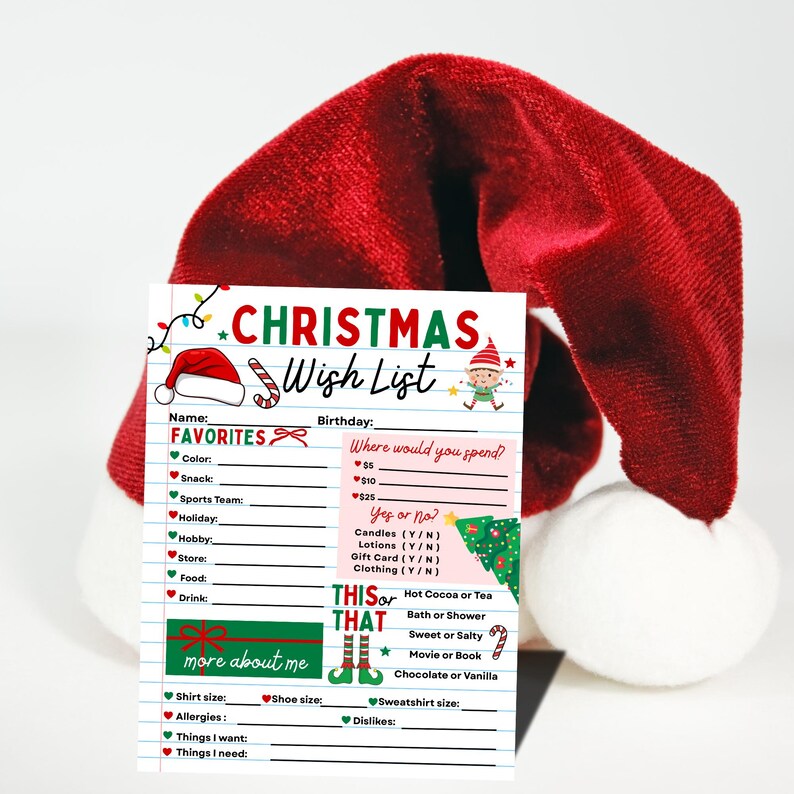 Op de afbeelding: Een rood-witte kerstmuts met een kerstwensenlijst. De wensenlijst bevat secties voor favorieten, verjaardag en cadeauvoorkeuren. De tekst op de lijst luidt "Christmas Wish List".