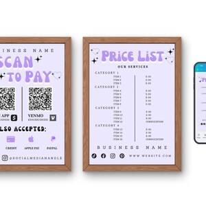以下が含まれることがあります： 2つの額入りの看板とスマートフォンがビジネス情報を表示しています。「Scan to Pay」と書かれた看板には、Cash AppとVenmoのQRコードがあります。もう1つの看板は料金表です。スマートフォンは料金表を表示しています。