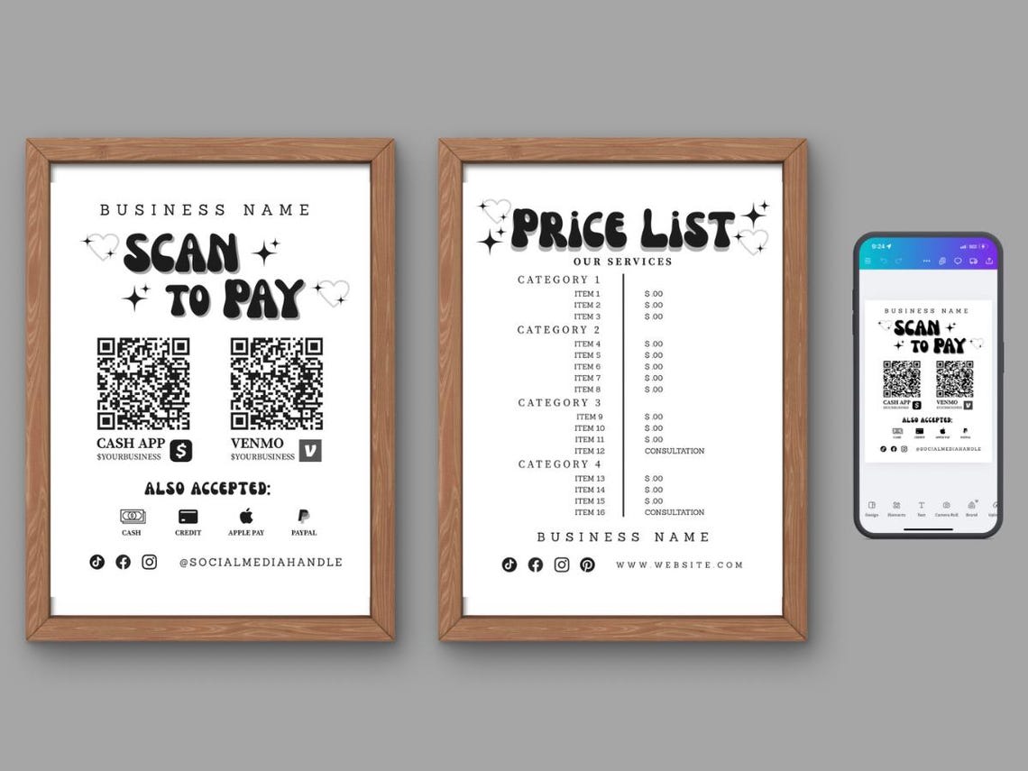 Editable Price List + Scan to Pay Sign | Cute Small Biz Canva Template ...