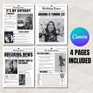 May include: A four-page birthday newspaper template with black and white photos and text. The headline reads "Brianna is turning 22!" and includes the text "4 pages included" and the Canva logo.